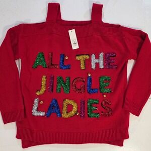 Francesca's Celebrate All The Jingle Ladies Red Holiday Sweater Cold Shoulder M